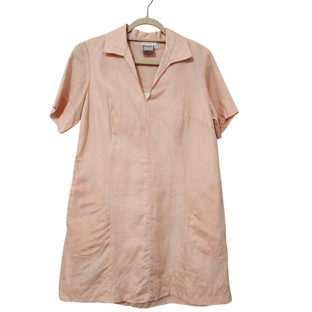 Finley‎ Womens Peach 100% Linen Shift Dress V-Neck Pockets Made in USA XS